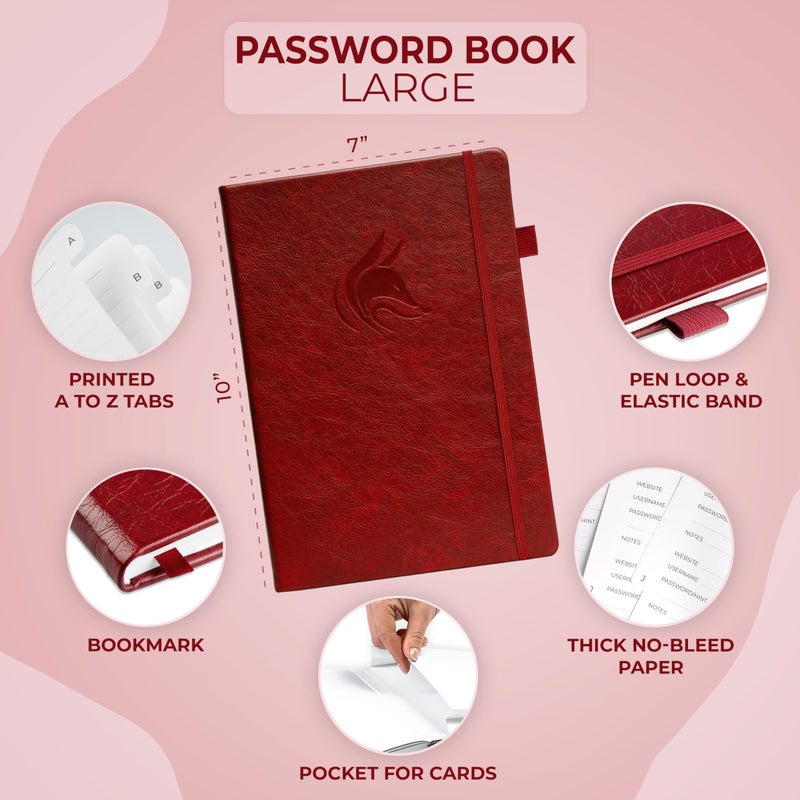 Clever Fox Password Book with alphabetical tabs. Internet Address Organizer Logbook. Large Password Keeper for Website Logins (Wine Red) - Image 2